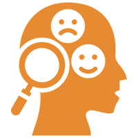 Silhouette with magnifying glass and emoticons.