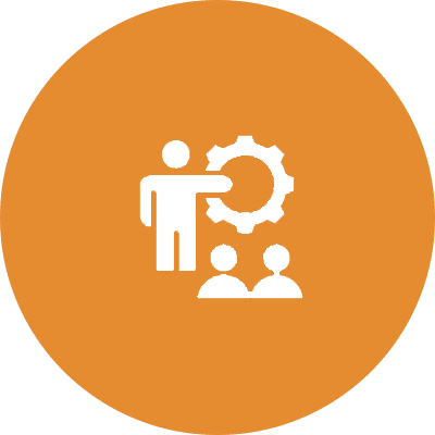 Icon of a person presenting gears to an audience on an orange background.